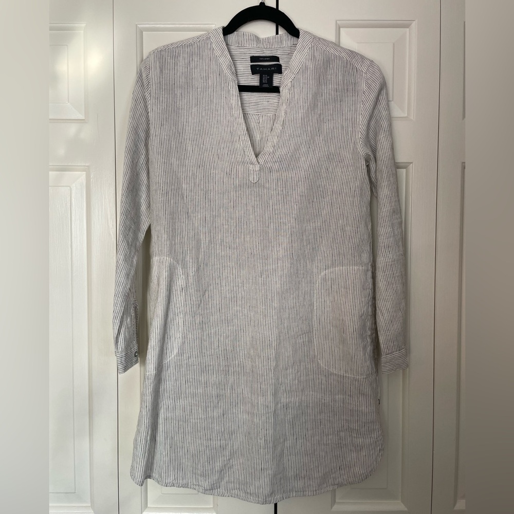Tahari Women's Long Sleeve Pinstripe Shirt/Dress - Gray